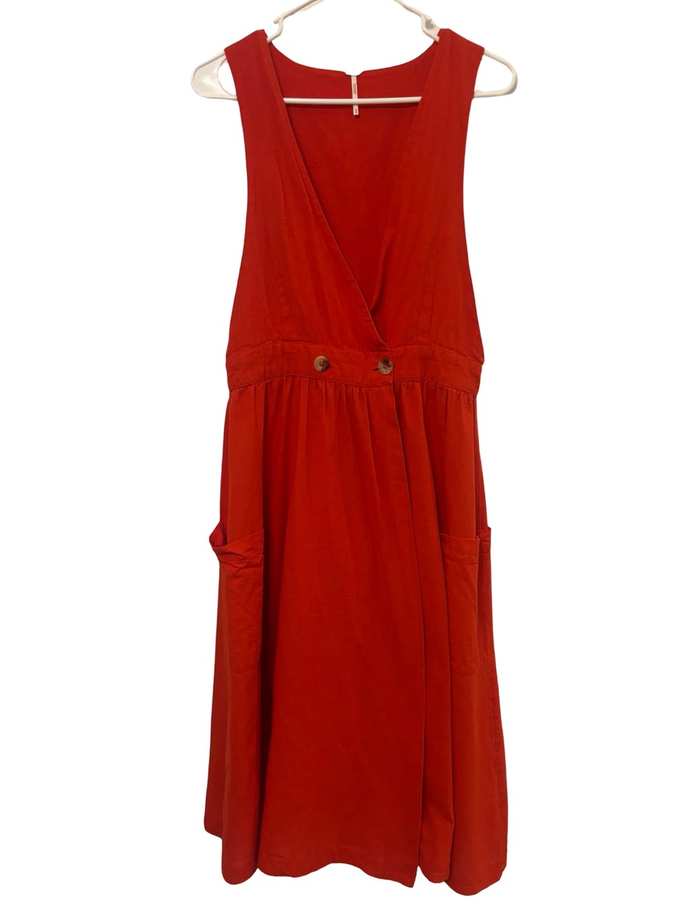 Free People Red Sleeveless V-Neck Midi Dress with Button Waist